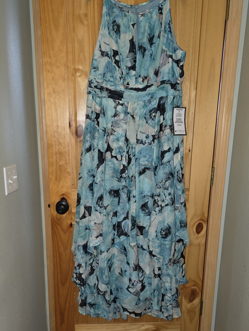 R&M Richards Aqua and Navy Floral High-Low Dress